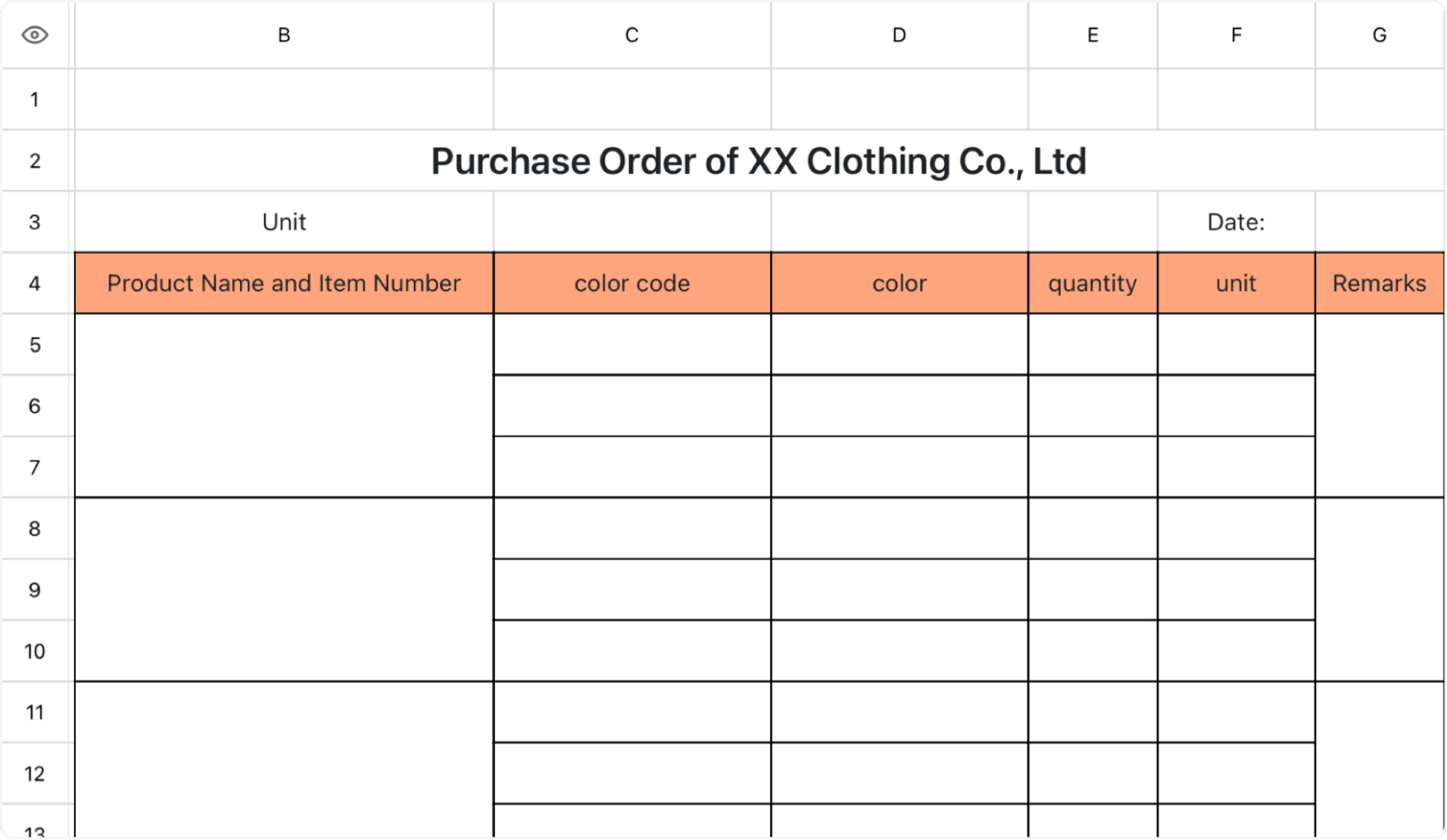 Clothing company purchase order
